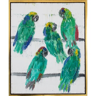 Contemporary Green Amazon Parrots Oil Painting, Framed For Sale