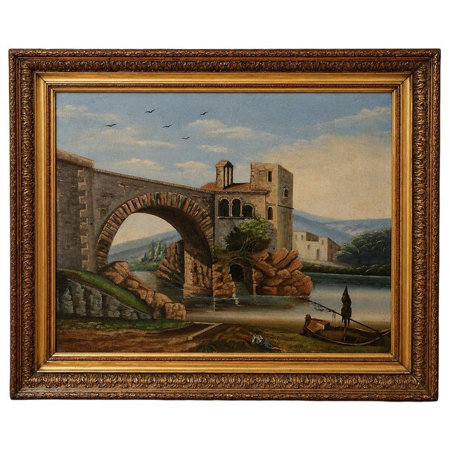 H. Nicolini, Lively Landscape with Stone Bridge, 19th Century, Oil Painting on Canvas For Sale - Image 4 of 6