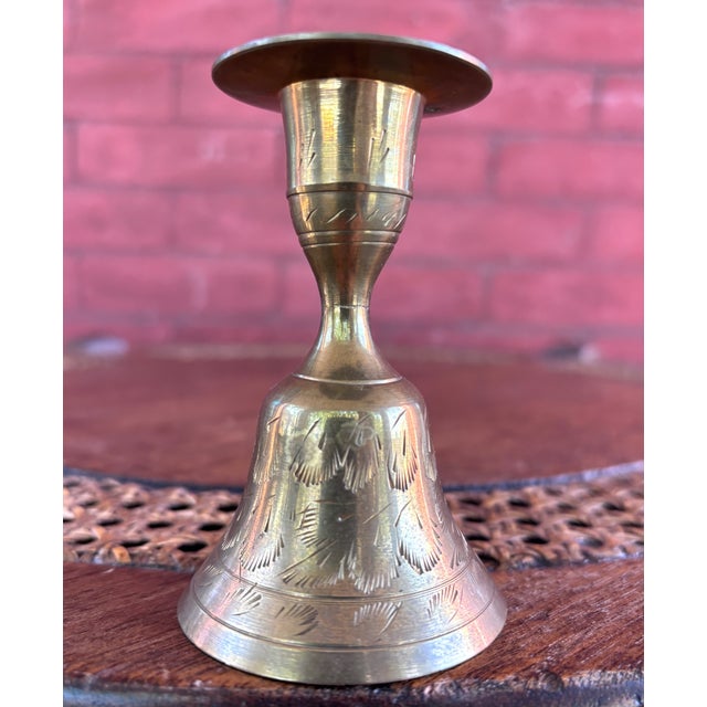 Traditional Vintage Hand Etched Brass Candlestick Holder and Bell For Sale - Image 3 of 6