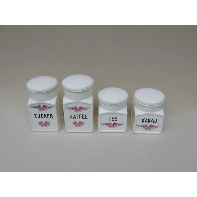 4 pieces Vorratsdosen sugar, coffee, tea, cocoa, ceramic manufactory Max Roesler with the familiar design ''Roesch...