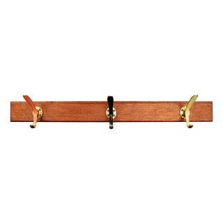 Oak Coat Rack with Brass Rods in Red, Black, and Gold, 1950s For Sale