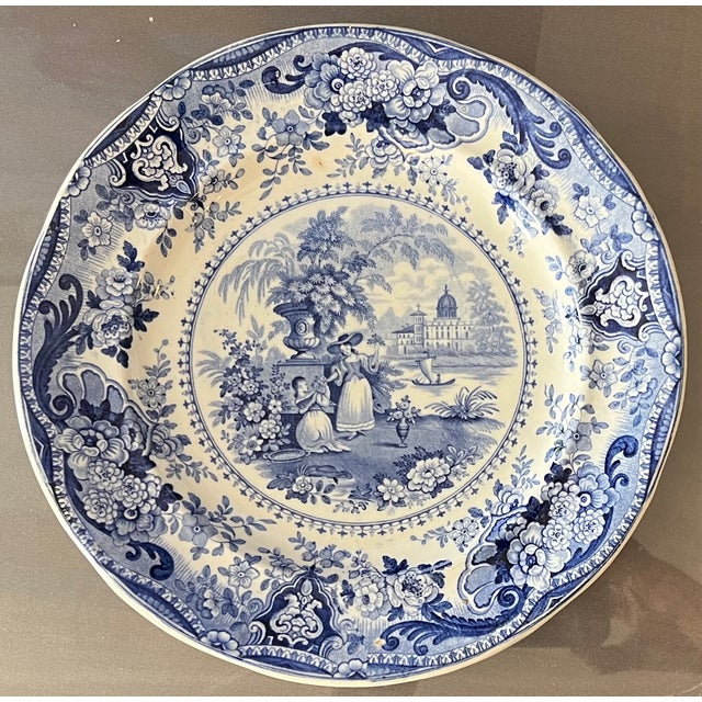 Antique 19th century English Regency Staffordshire blue transferware dinner plates - Italian Buildings by Ralph Hall circa...