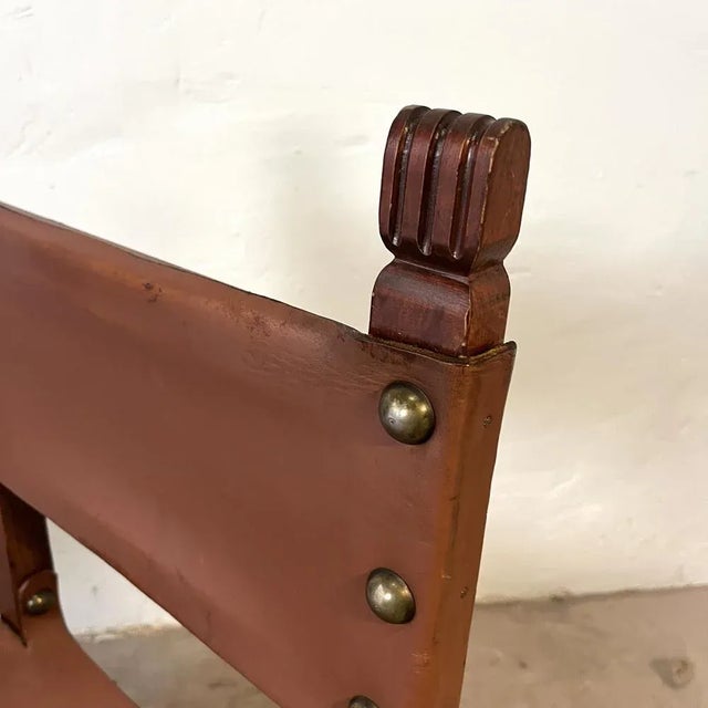 Spanish Chair in Leather and Carved Wood, 1950s For Sale - Image 11 of 12