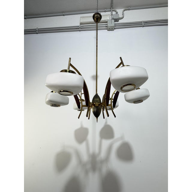 1950s 6-Light Chandelier in Brass, Wood and Opal Glass in the style of Stilnovo, 1950 For Sale - Image 5 of 11