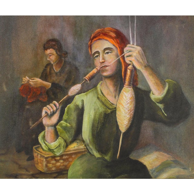 1960's Fine Art Oil Painting of Madonna Weaving, Oil Painting, For Sale - Image 4 of 5