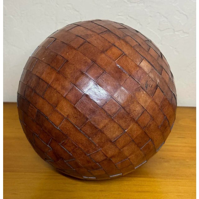 Vintage Large Basket Weave Leather Clad Wood Decorative Ball Sphere Orb For Sale - Image 9 of 12