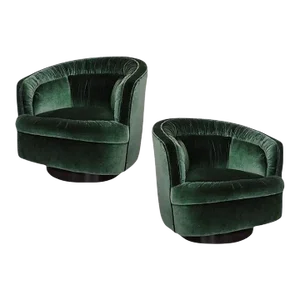 1970s Green Velvet Swivel Chairs in the Style of Milo Baughman - A Pair