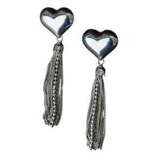 Vintage Silver Heart Earrings with Chains, Set of 2 For Sale