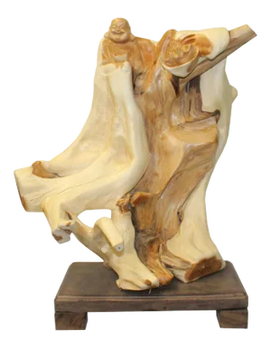 Chinese Cypress Wood Carved Irregular Shape Happy Buddha Statue