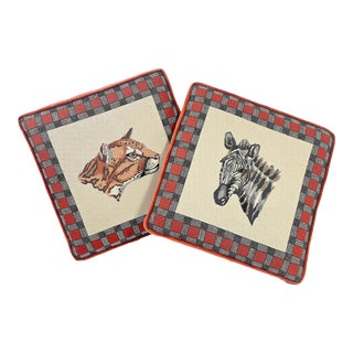 1980's Zebra & Leopard Needlepoint Cushions - a Pair For Sale
