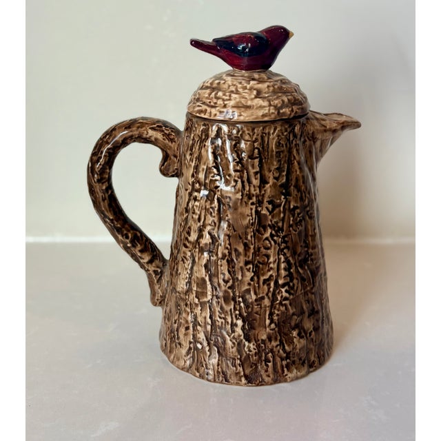 Brown Mid-Century Folk Art Ceramic Faux Bois Tree Trunk Pitcher With Bird Finial For Sale - Image 8 of 10