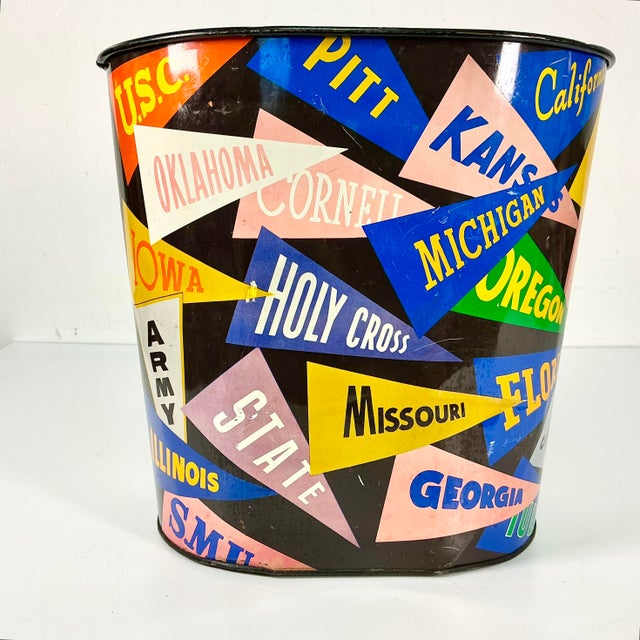 Mid-Century Boho Chic Americana College Pennant Metal Wastebasket. For Sale - Image 4 of 11