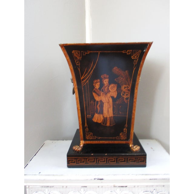 Metal 1980s Vintage French Provincial Metal Chinese Design Black & Gold Wastebasket For Sale - Image 7 of 9