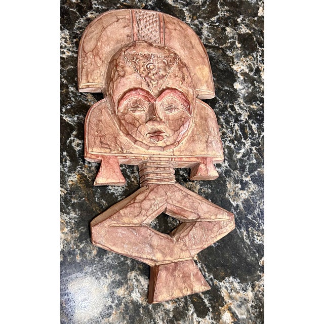 Tribal Mid 20th Century Pair of Hand-Carved, African, Wooden, Tribal Figures With Unique Faces, Headdresses, and Metal Ornamentation For Sale - Image 3 of 11