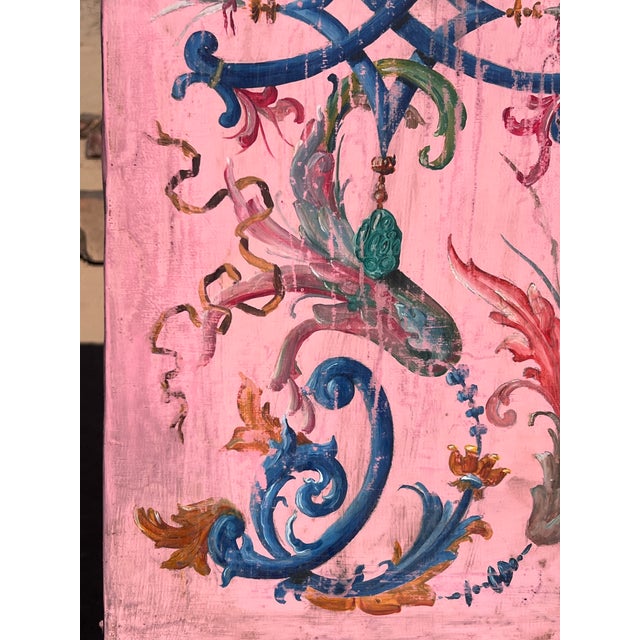 Pair of Vintage Large Continental European Chinoiserie Oil on Leather Panel Paintings For Sale - Image 12 of 14