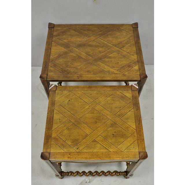 Baker Furniture Company Vintage Baker Barley Twist Oak Parquetry Inlay Nesting Step Lamp Side Tables For Sale - Image 4 of 15