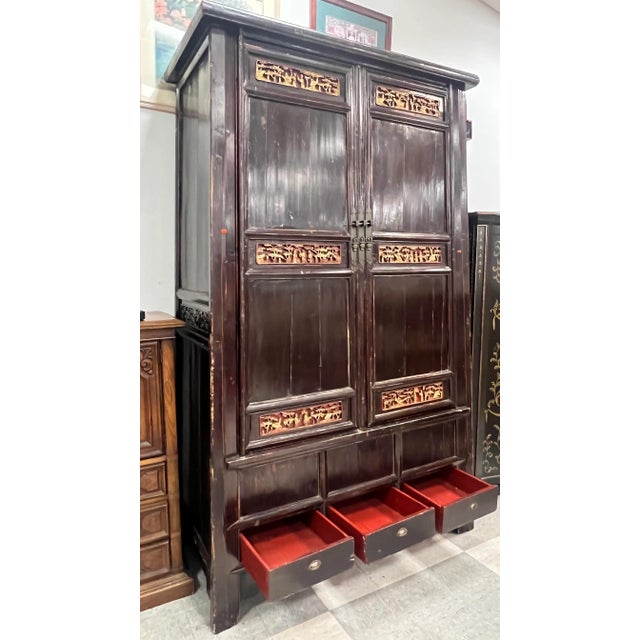 19th century antique Asian red lacquered Ming style wedding cabinet. One of the largest cabinets you will see listed on...