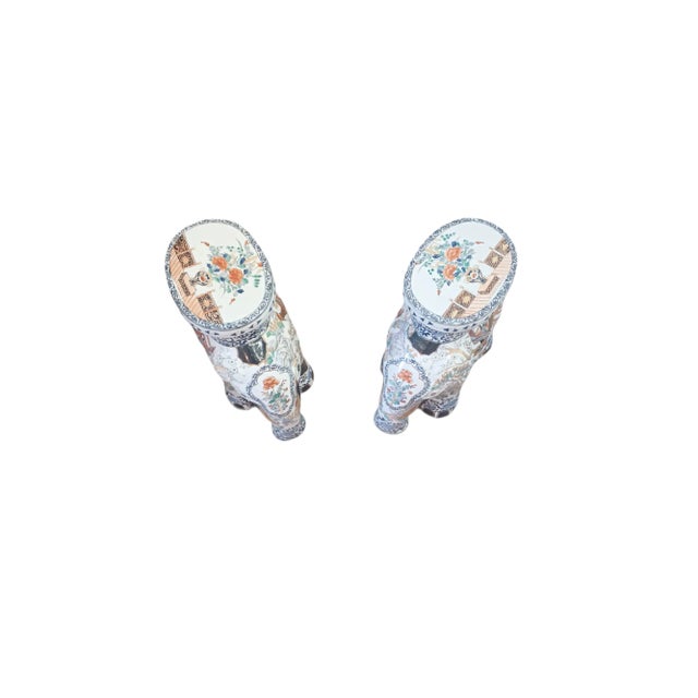 Vintage Pair of Hand-Painted Ceramic Asian Elephant Plant Stands For Sale - Image 4 of 4