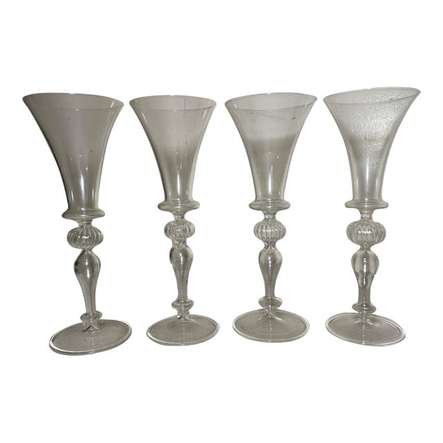 Vintage Hand Blown Italian Venetian Stemware Glass Wine Champagne Glasses - Set of 4 For Sale