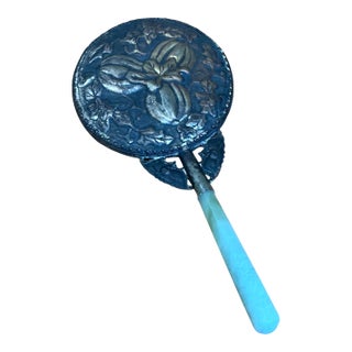 Vintage Floral Motif Metal Hand Mirror For Sale