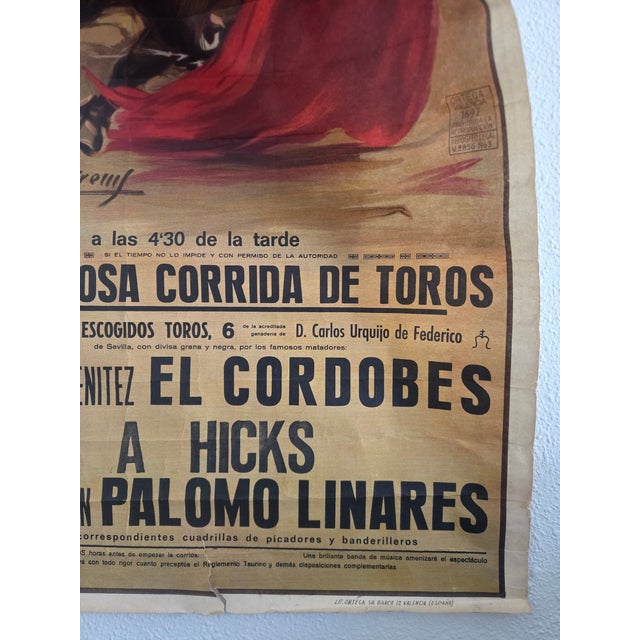 Mid-Century Spanish Realism Authentic Bullfighting Event Poster For Sale - Image 10 of 14