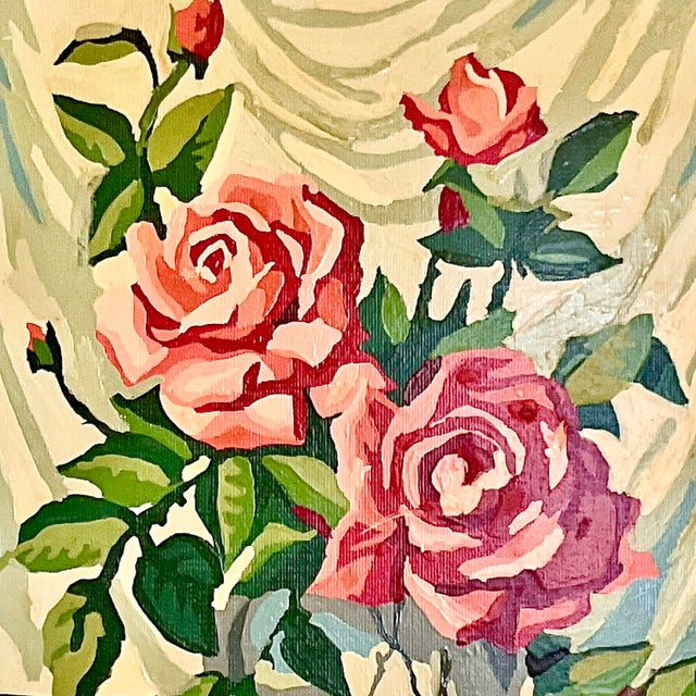 1960s 1960s Mid-Century Boho Chic Still Life Roses, Oil Painting - A Pair For Sale - Image 5 of 10