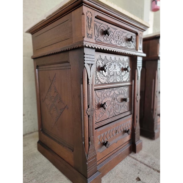 Aesthetic Movement Victorian Era Carved Nightstands / Dressers Late 1800's - A Pair For Sale - Image 10 of 18
