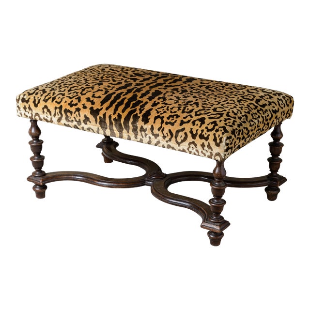 French Louis XIII Style Turned Wood Ottoman, Animal Print Velvet For Sale