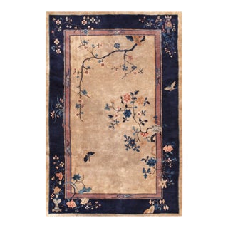 1920s Beige Floral Antique Chinese Art Deco Carpet 5'x7'8" Handknotted Wool Rug For Sale