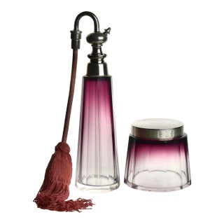 !930s Hermès Vanity Set, Aubergine Cut Crystal Atomizer & Matching Silver Lidded Container For Sale