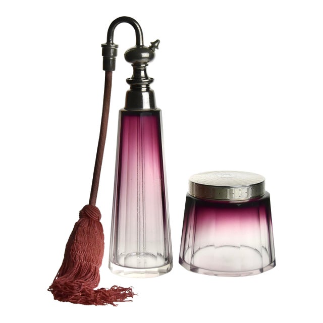 !930s Hermès Vanity Set, Aubergine Cut Crystal Atomizer & Matching Silver Lidded Container For Sale