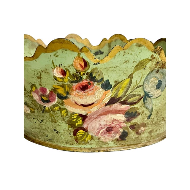 Metal Vintage French Tole Cachepot With Hand-Painted Roses and Scalloped Rim For Sale - Image 7 of 15