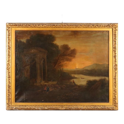 Landscape with Figures and Architecture, Oil on Canvas, Framed For Sale