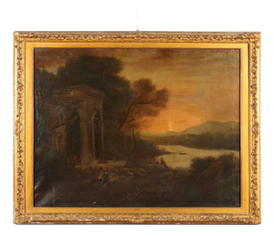 Landscape with Figures and Architecture, Oil on Canvas, Framed