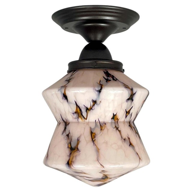 Art Deco Pale Rose Marbled Opaline Glass and Burnished Flush Mount, Germany, 1930s For Sale - Image 18 of 18