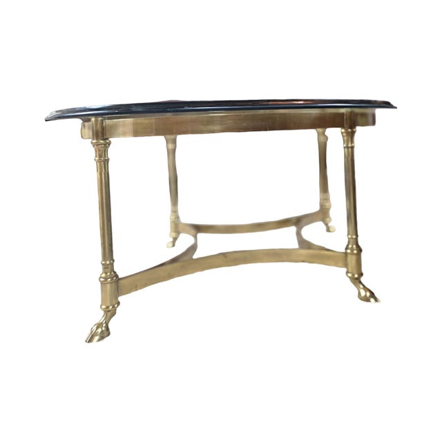 Hollywood Regency Vintage Brass & Beveled Glass Oval Coffee Table With Hoof Feet For Sale - Image 3 of 12
