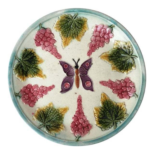 1890s Majolica Plate With Butterfly and Fruits For Sale