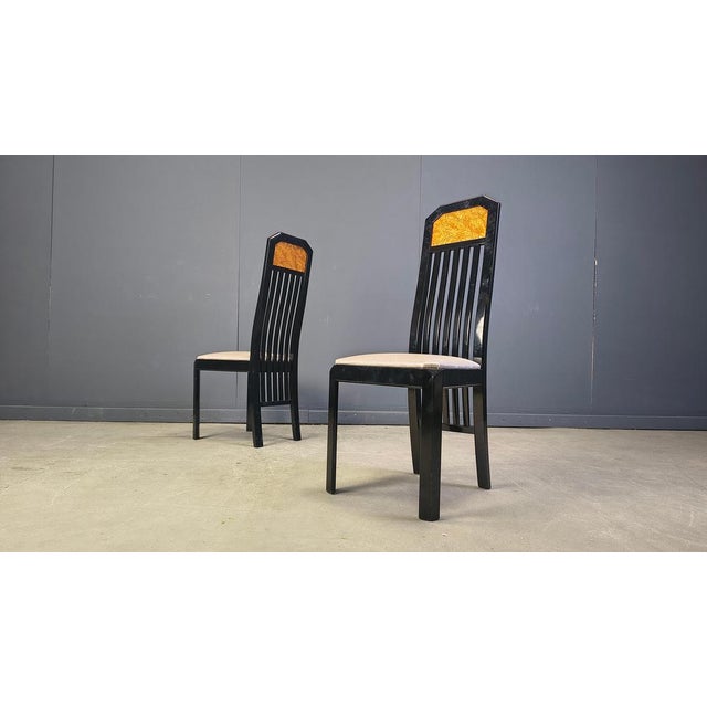 Hollywood Regency Vintage Burl Wood and Lacquer Dining Chairs, 1980s, Set of 6 For Sale - Image 3 of 14