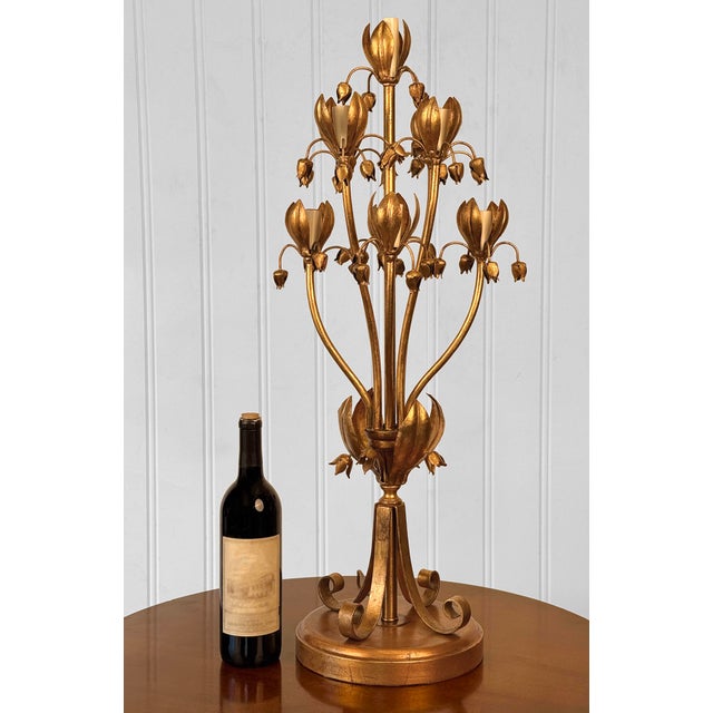 - Original 1970's Hollywood Regency Tulip Table Lamp - Wonderful Floral Metalwork with Scrolled Accenting - Original Gold...