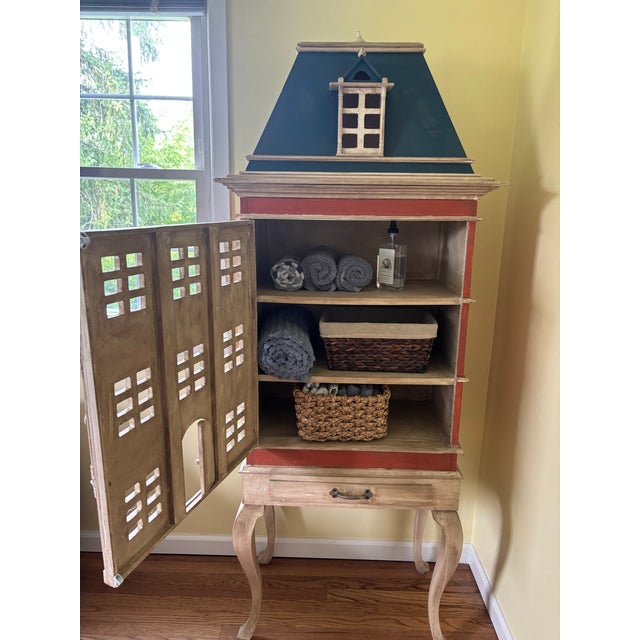 Large vintage hand-painted architectural cabinet modeled as a French château, with a mansard roof, detailed façade,...