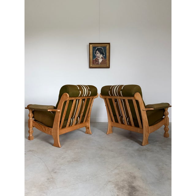 Olive Henning Kjærnulf Danish Oak Lounge Chairs Original Wool Upholstery For Sale - Image 8 of 18