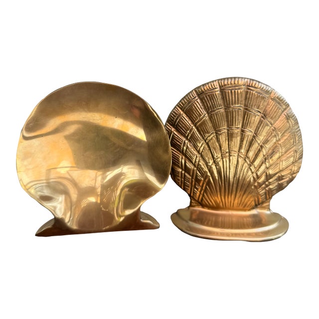 Vintage Brass Sea Shell Bookends, a Pair — Hollywood Regency Coastal Decor For Sale