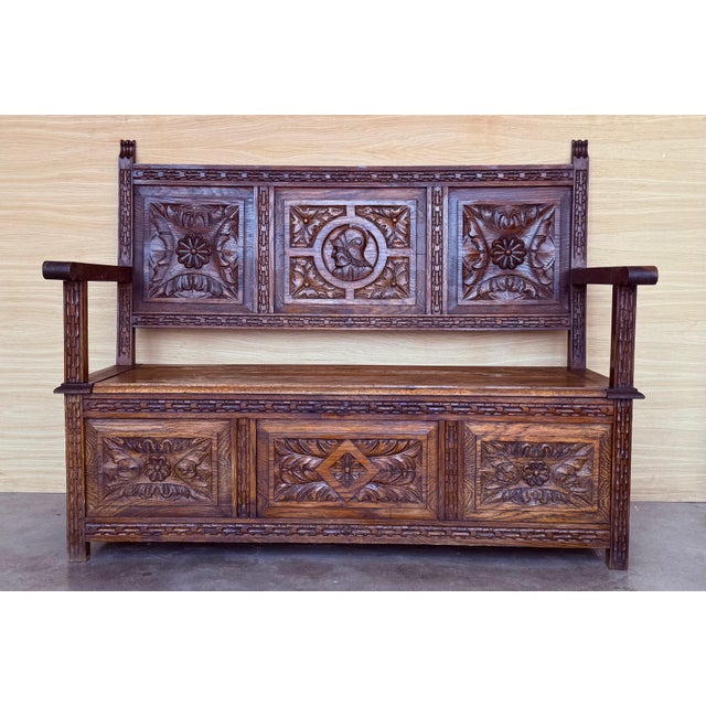 19th Spanish Carved Large Hall Bench with Storage For Sale - Image 17 of 18