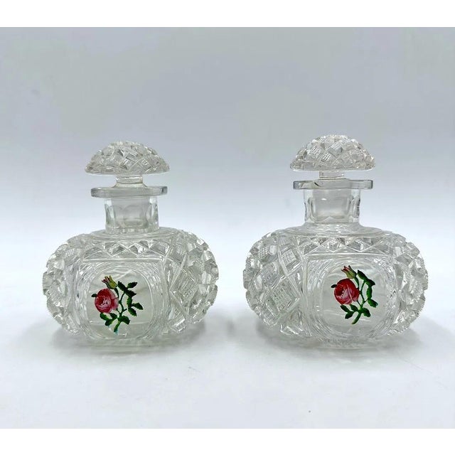 Napoleon III Crystal Perfume Bottles with Enameled Roses Decor from Baccarat, Set of 2 For Sale - Image 3 of 13