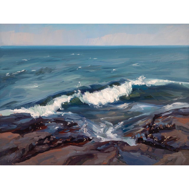 Presque Isle (Day 121), June 23, 2024 by Primary Hughes | Oil on gessobord Seascape with waves and rocks For Sale