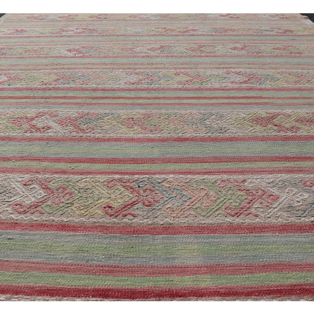 Traditional Colorful Vintage Embroidered Kilim With Stripes and Alternating Geometric Motifs For Sale - Image 3 of 12