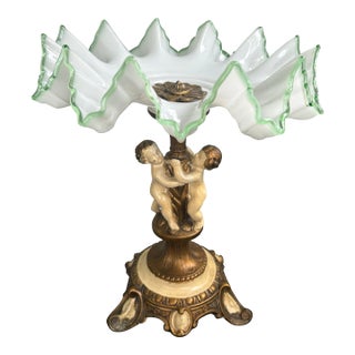 Vintage Bohemian Style Opal Glass Tazza With Green Trim on Cherub Pedestal Base For Sale