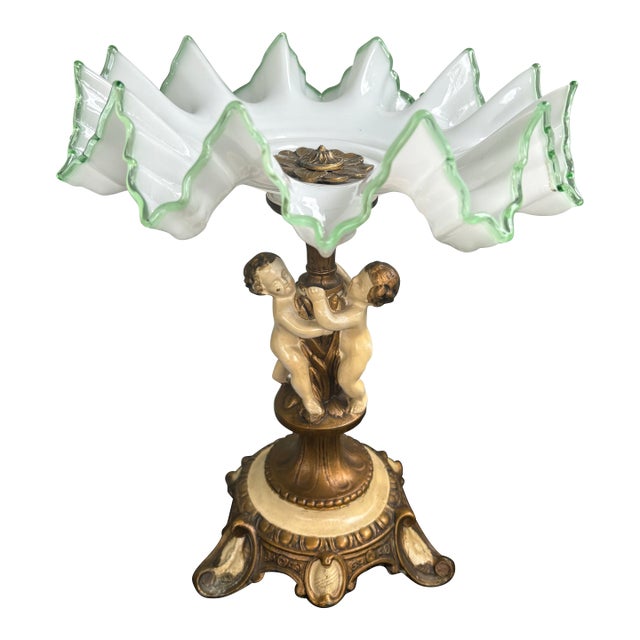 Vintage Bohemian Style Opal Glass Tazza With Green Trim on Cherub Pedestal Base For Sale