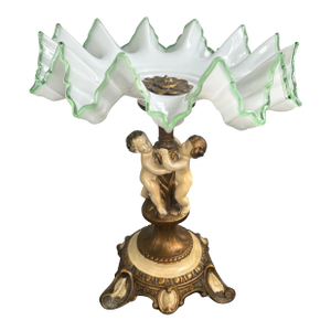 Vintage Bohemian Style Opal Glass Tazza With Green Trim on Cherub Pedestal Base