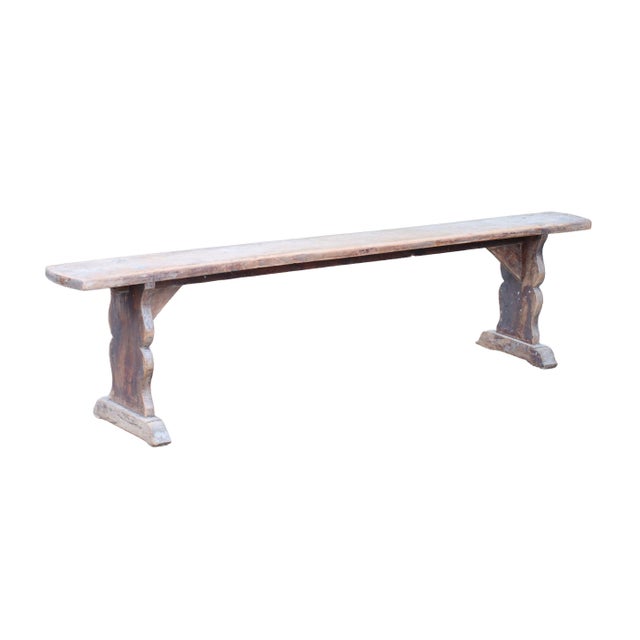 Long French Wabi-Sabi Pine Bench with Sculptural Trestle Supports, 1900 For Sale - Image 3 of 11
